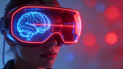 Person wearing virtual reality headset with brain image