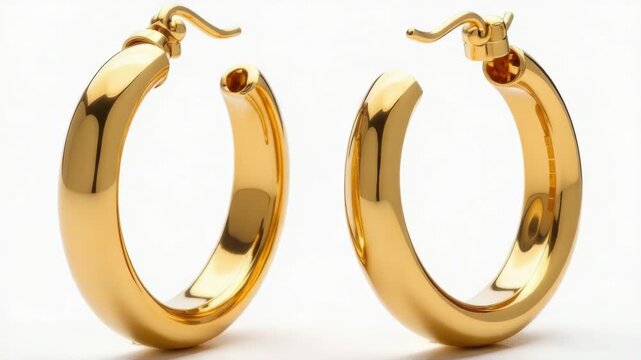 Video A pair of gold hoop earrings on a simple white background, perfect for showcasing jewelry or using as a placeholder