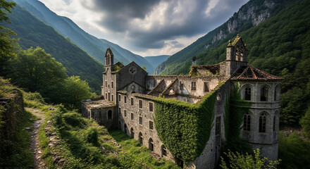 Majestic Monastery in the Valley: A striking monastery, its aged facade adorned with nature's embrace, nestles within a verdant valley, framed by imposing mountains under a dramatic sky. 