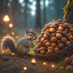 Obraz premium Tiny robotic squirrel diligently hoarding an enormous pile of acorns in a magical autumn forest setting