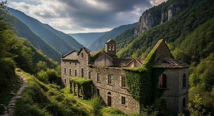 Hidden Haven: An ancient architectural masterpiece nestled amidst majestic mountains and lush, verdant trees, exuding an aura of timeless beauty.