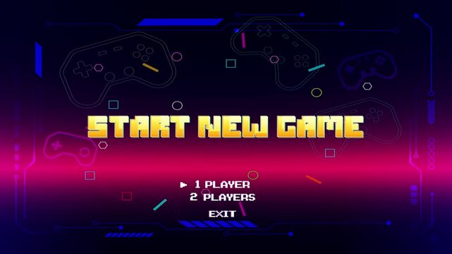 START NEW GAME. Retro pixelated arcade game console. 8-bit screen. Vintage 1980s game console.	