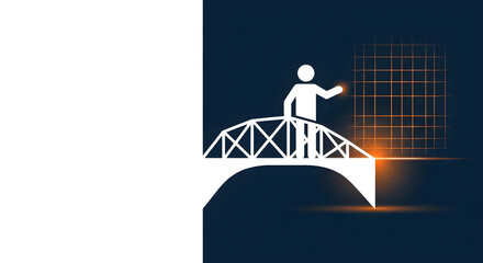 デジタルリテラシーとITスキルの習得を象徴する架け橋のイラスト。DX人材育成のコンセプト、広い余白。