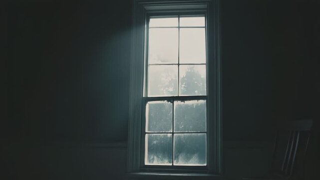 Sunlight streams through a grimy window, creating a defined rectangle of light on the dusty floor of an old, abandoned room, conveying themes of solitude and memory