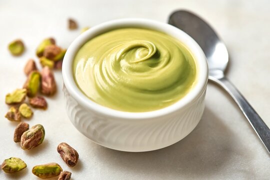 Pistachio cream spread in a white bowl on a white marble background. High angle view