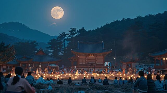 People gather at a traditional village during the evening to celebrate an event. They sit around a circular arrangement of lights as the full moon shines brightly in the sky