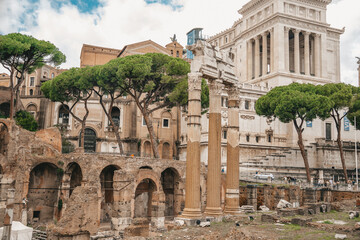 Naklejka premium Panoramic View Of The Roman Forum. Ancient ruins, stone columns, historic landmarks bathed in warm sunlight.