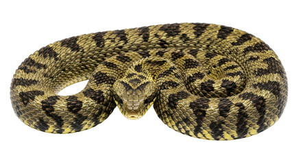 Fototapeta premium Coiled green and black Western Hognose snake with textured scales, isolated PNG with Transparent Background