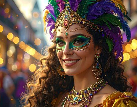 A person with elaborate makeup and ornate headgear smiles brightly, appearing at a vibrant outdoor event with bokeh lights