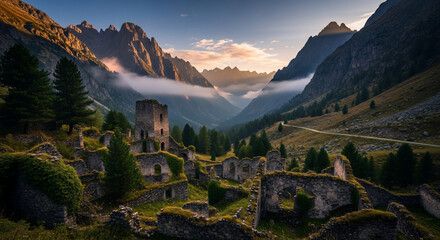 Ancient Ruins Embrace the Mountains: Old stone ruins nestle in a valley, framed by majestic mountains, offering a breathtaking view of history.