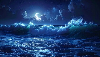 A serene moonlit ocean scene, waves crashing under a cloudy sky. The luminescence of the full moon bathes the water © likano