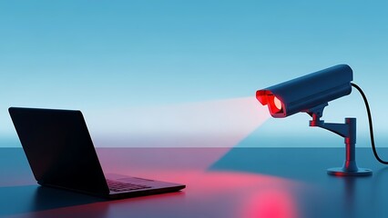 Security camera monitoring laptop with red infrared light beam in dark environment