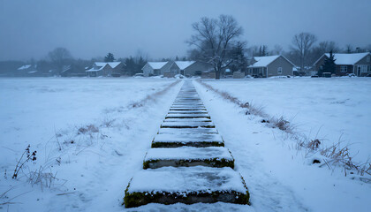 A snow-covered walkway of rectangular blocks extends toward a distant row of houses, set in a vast, monochrome winter field, HD and 4k image