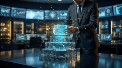Businessman Stacking Futuristic Digital Data Cubes in High-Tech Office