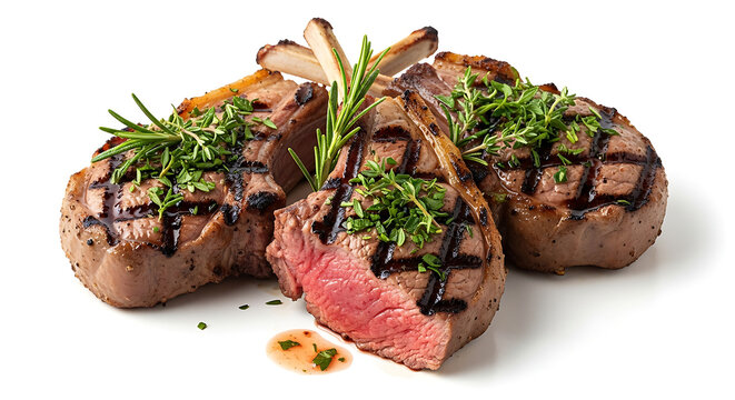 Grilled lamb chops with herb seasoning, juicy interior, isolated on white background.