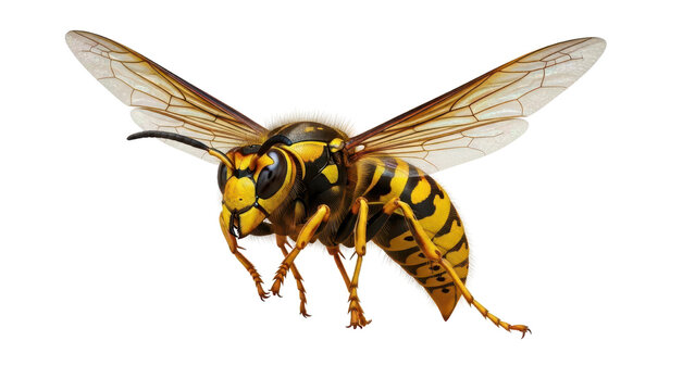 Yellow jacket wasp in flight, detailed insect close-up with transparent wings, isolated PNG with Transparent Background