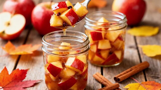 Medium shot of apple chutney preparation showing vibrant fruit chunks being filled into sterilized jars with cinnamon sticks and autumn leaves evoking seasonal charm.