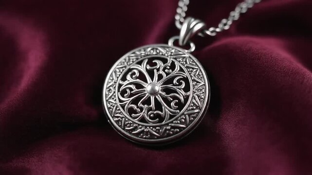 A close-up of an intricately designed silver pendant resting on a rich, dark burgundy velvet fabric with gentle folds