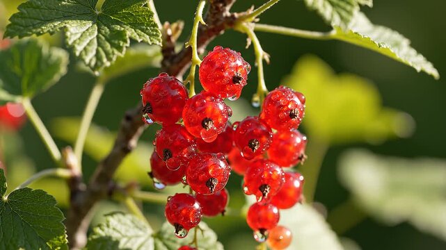 Close-Up of Vibrant Redcurrants Growing on Bush in Summer Sunlight, Juicy Fruit