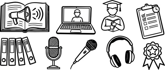 Obraz premium Hand drawn line art icons of open book with megaphone laptop with user graduation cap clipboard checklist and timer microphone headphones and award ribbon