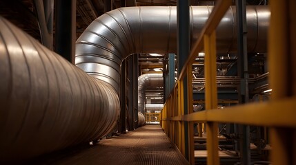 Fototapeta premium A long corridor perspective of an industrial facility featuring large insulated pipes and a yellow safety railing along a walkway