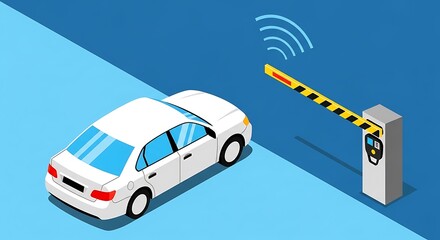 Naklejka premium A modern white sedan is approaching an open yellow and black striped automatic barrier with wireless signals, signifying easy automated entry in an isometric view.