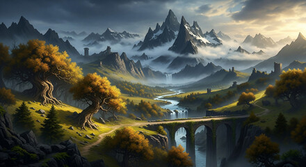 Majestic Mountain Landscape: A breathtaking vista unfolds, with towering snow-capped mountains piercing the sky above a verdant valley, a winding river, and ancient stone bridge.