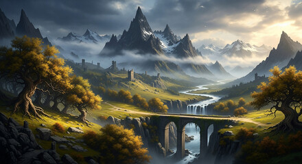 Mystical Valley: Captivating view of a fantastical landscape, an image of breathtaking mountain range enveloped in mist, a bridge gracefully arches over a serene river.