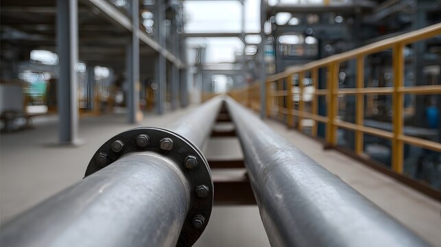 Industrial pipelines run parallel extending into the distance within a vast manufacturing complex