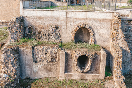 Ancient Roman Sewer and Drainage System Ruins. Urban engineering and underground water management in Rome