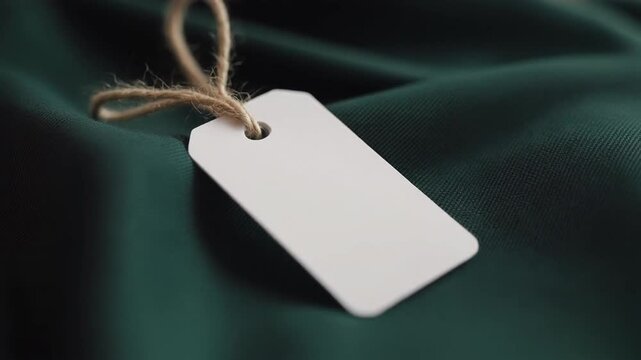 A close-up of a white tag tied with twine on a dark green satin fabric background, possibly for labeling or decoration
