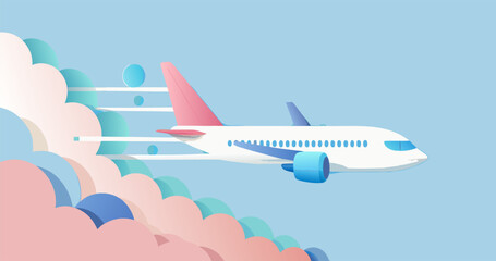Fototapeta premium 3D Paper Cut Airplane Flying Through Pastel Clouds Illustration