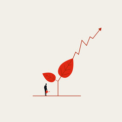 Obraz premium This minimal vector illustration shows a businessman watering a plant that turns into a rising graph, representing a concept of business growth and success achievement.