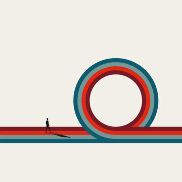 This minimal vector illustration depicts a businessman on a striped pathway approaching a circle loop. It is a concept for a business routine and repetitive work route.