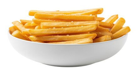 A white bowl filled with golden crispy french fries on a white surface with salt isolated on transparent background