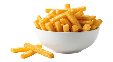 A white bowl filled with golden cheese puffs snacks on a plain transparent background with a few puffs beside it