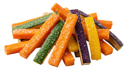 A vibrant pile of colorful sweet potato fries sprinkled with sugar on transparent background