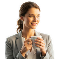 Businesswoman holding a coffee cup and smiling isolated on transparent background in office attire