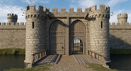 Castle Gateway: A stately castle entrance stands proudly, its weathered stone walls and imposing wooden gates hinting at tales of history, protection, and grandeur.