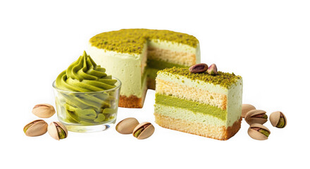 Delicious matcha cheesecake with pistachio topping and creamy frosting on a white plate with nuts isolated on transparent background