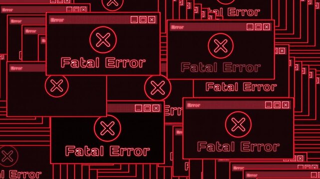 Critical Security Breach and Fatal Error Full Display. Cascading Pop-up Windows for Cyber Attack Simulation