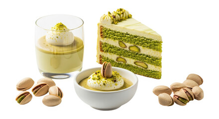 Pistachio dessert with creamy pudding and cake isolated on transparent background