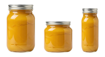Three glass jars of homemade mango jam or preserves with metal lids on transparent background