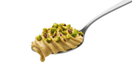 A spoonful of creamy hummus topped with chopped pistachios on a transparent background