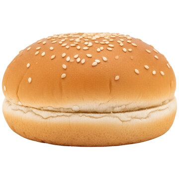 Sesame seed hamburger bun, soft golden brown bread roll with dense sesame seeds covering the top surface, split open bottom, on a transparent background