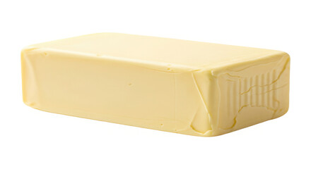 A block of butter on a transparent background, wrapped in yellow packaging