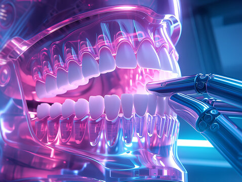 Futuristic AI Dentistry with Robotic Hand and Transparent Jaw