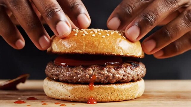 Step-by-step process of preparing a delicious homemade hamburger with sauce on a bun