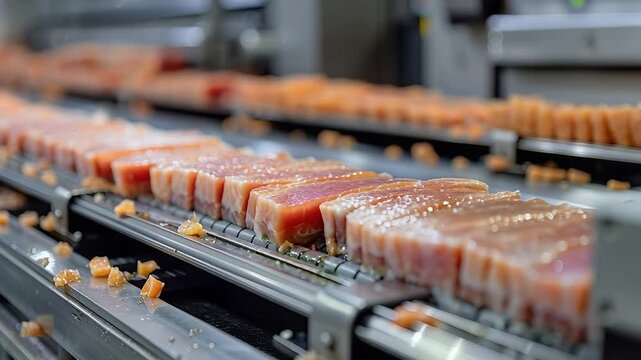 Salmon fillets are moving along a conveyor belt in a processing factory. Workers are seen managing the machine as the fish is prepared for packaging