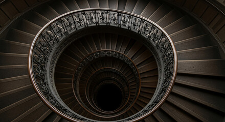Spiral Staircase: A mesmerizing aerial view of a circular staircase, showcasing its intricate design and architectural grandeur. The photograph captures the spiral staircase's depth.